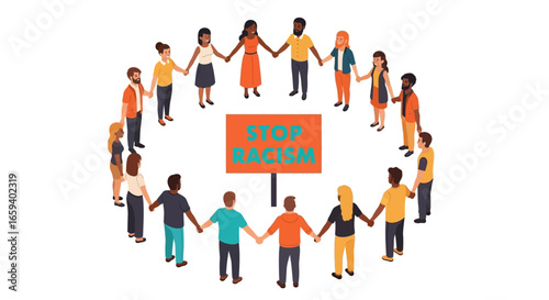 Diverse people unite in solidarity to end racism holding hands around sign symbolizing global harmony