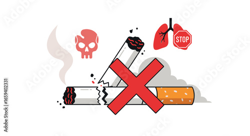 No Smoking Concept: Illustration of health hazards, lungs, death symbol and broken cigarette to visualize dangers of smoking habits