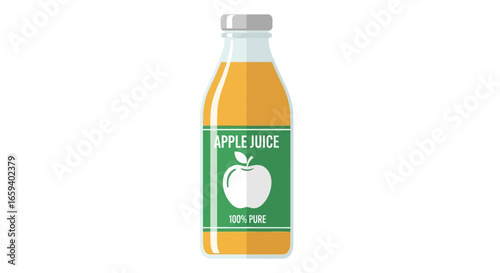An illustration of a classic glass bottle filled with fresh pressed apple juice label proclaiming purity, set against a plain backdrop, promoting