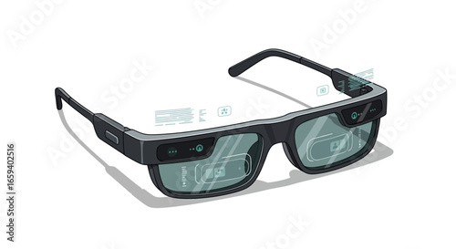 Futuristic augmented reality glasses integrating digital information into user's visual field presented on white backdrop