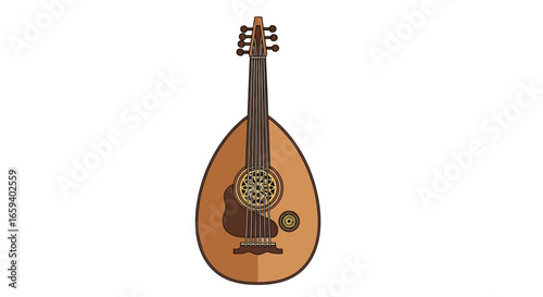 Illustrative depiction of an oud showcasing intricate details and a unique artistic style ideal for educational materials and cultural promotions
