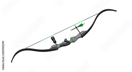 Modern recurve bow with arrow, archery equipment and outdoor sport ready for target shooting, precision aiming device and recreation 3d rendering