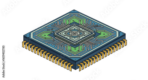Isometric view of a stylized microchip showcases intricate details and vibrant colors, emphasizing technological advancement and digital complexity
