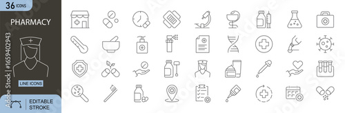 Pharmacy icons set. Includes medicine, pills, capsule, prescription, syringe, vial, cross, hospital, healthcare, and drugstore. Editable stroke. Line icons. Perfect for infographics and  medical apps.