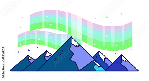Stylized Northern Lights Display over a Mountain Range, Illustrating Arctic Nature Scene
