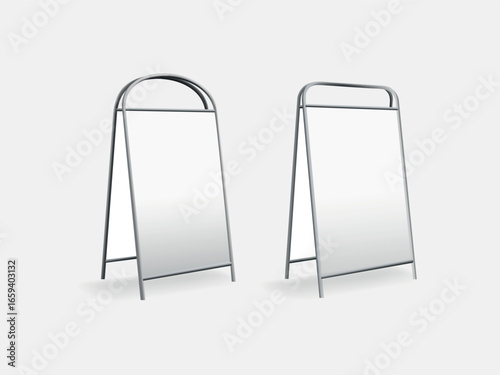 Advertising stand mockup. Advertising easel stand, sandwich sign board frame mockup. 3d menu double poster display for restaurant on sidewalk. Outdoor chalkboard for promo notice with food and coffee.