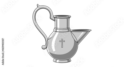 Illustrative rendering of a metallic holy oil vessel, featuring intricate detailing and a cross emblem, rendered on a clean white backdrop