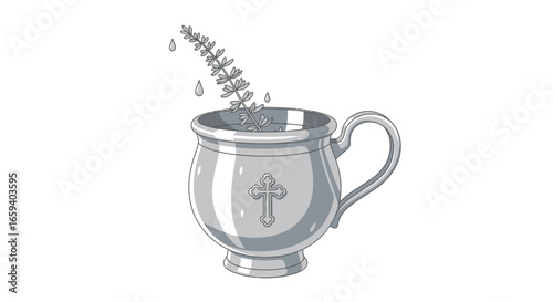 Silver Aspergillum Vessel with Water and Sprig: A Symbolic Depiction of Holy Ritual and Blessings