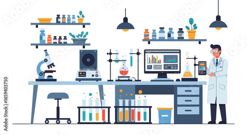Scientist in a detailed laboratory setting, conducting scientific research with various equipment and shelves filled with reagents and plants