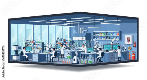 Modern research facility showcasing scientists in a lab setting with advanced equipment and complex research activities