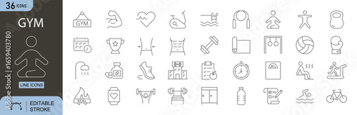 Gym icons set. Includes dumbbell, barbell, kettlebell, treadmill, yoga mat, weight bench, protein, shoes, stopwatch, and fitness gear. Editable stroke. Line icons. Perfect for infographics.