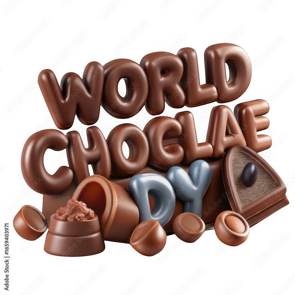 Fototapeta premium 3d chocolate letters spelling world chocolate day isolated on transparent background