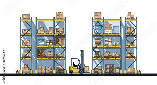 Stylized warehouse interior showcasing inventory shelving with a forklift operating in the central aisle with a white backdrop providing graphic