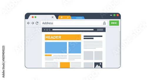 Browser window displaying website template, depicting online interface design and digital representation of web content and website structure