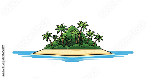 Stylized cartoon tropical island paradise, featuring palm trees and turquoise water, ideal for illustrations or vacation-themed design projects
