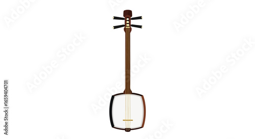 Detailed isolated illustration of a traditional japanese shamisen stringed musical instrument on a white background featuring its neck and resonator