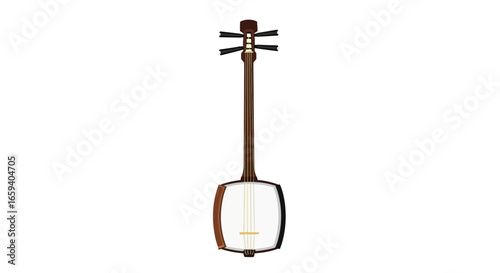 Artistic impression of a wooden shamisen instrument on a plain background showing its detailed construction and the musical heritage it represents