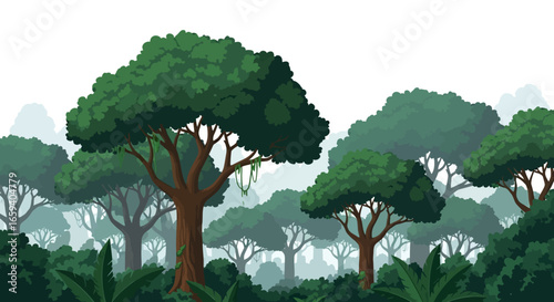 Lush Green Tropical Forest Landscape with Layered Trees and Vegetation in a Misty Haze with Jungle vines, providing a feeling of deep nature