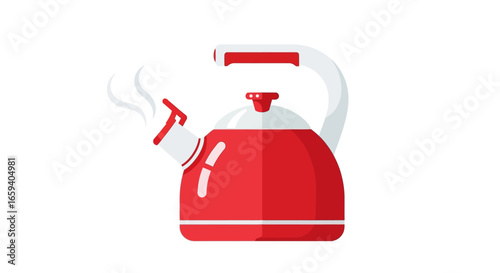 Stylized red kettle with steam issuing from the spout illustration on a white background ideal for kitchenware themed designs and content