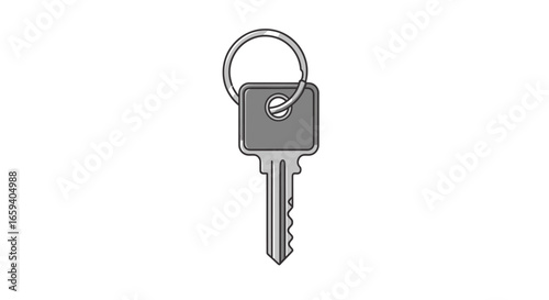 Simple graphic of a metal key and keyring isolated on a white background for access and security, a minimalist design for various usage