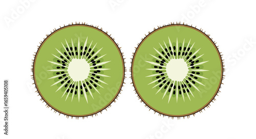 Dual kiwi halves showcase vibrant green flesh and symmetrical seed arrangement against a clean white background, highlighting fresh fruit
