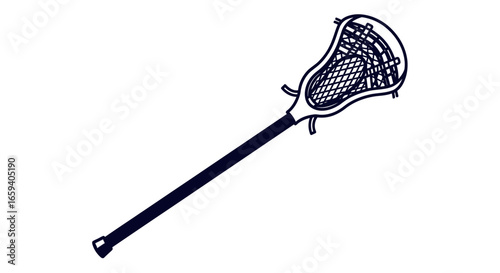 Isolated line art illustration of a lacrosse stick with mesh netting against a white background displaying sports equipment for athletic use