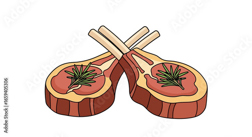 Two Lamb Chops with Rosemary Sprigs, a Fresh Take on Culinary Delights in an Artistic Presentation