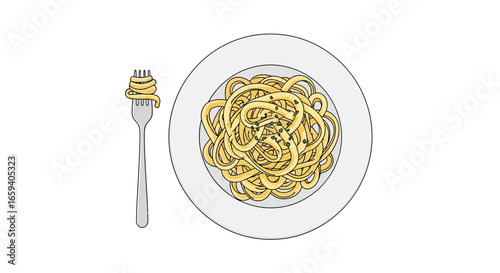Minimalist depiction of a plate of pasta and a fork, evoking a sense of culinary simplicity and classic Italian dining experiences