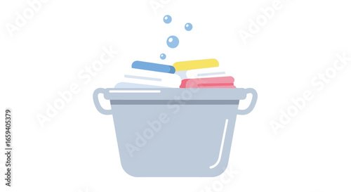 Illustration of Laundry Tub with Colorful Clothes and Bubbles Representing Cleaning  Process