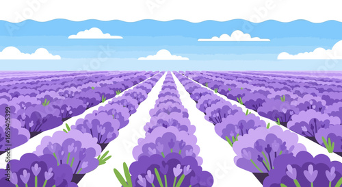 Endless aromatic field, a stylized lavender landscape under a pastel blue sky, perfect for relaxation and tranquility themed designs