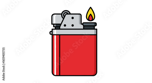 Vibrant crimson lighter with ignited flame isolated on a pristine white backdrop showcasing essential fire source equipment with clean lines