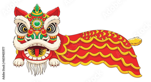 Vibrant chinese lion dance illustration for cultural celebrations and festive occasions, the lion embodies luck, prosperity and auspiciousness for