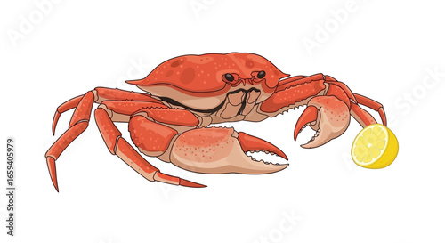Illustration of a vibrant red crab, poised with a fresh lemon, evoking coastal cuisine and seafood preparations