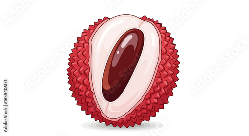 Exotic lychee fruit half showcasing translucent flesh and dark seed against a clean backdrop