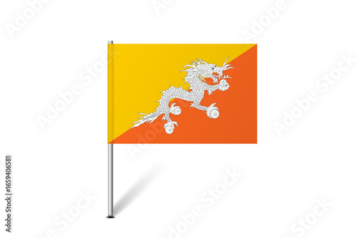 Bhutan flag - map pin flag representing a country cultural identity and heritage. The essence of national pride and unity. Map pin flag stuck in a white background
