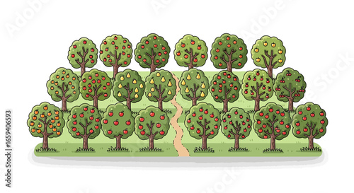A whimsical cartoon orchard filled with fruit trees along a meandering path creating a fantasy land appearance