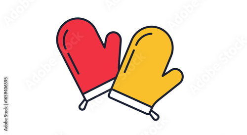 Cozy kitchen cartoon illustration with hand-drawn style featuring oven mitts in playful colors adding warmth and charm to any creative project