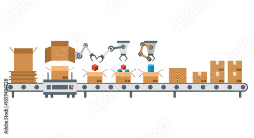 Automated manufacturing assembly line with robotic arms packaging products into boxes ready for shipping and logistics process
