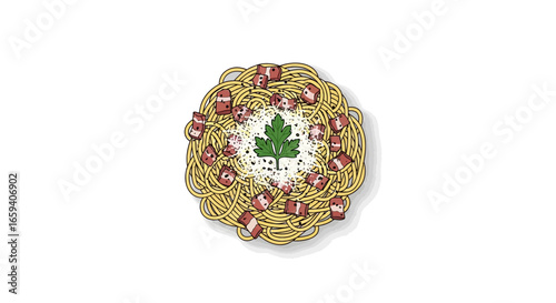 Illustration depicting carbonara pasta with bacon, creamy sauce and parsley against a white backdrop making it visually appetizing and inviting for
