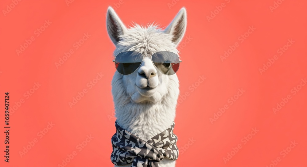 Fototapeta premium Cool llama wearing sunglasses and a scarf on a red background