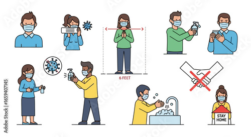 Illustrations showing safety measures during a pandemic, emphasizing social distancing, mask-wearing, and enhanced hygiene practices for preventing