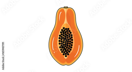 Illustration of a sliced papaya with seeds, showcasing tropical fruit and dietary health, perfect for creative designs and educational projects