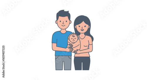 Illustration of a Young Family with a Newborn Baby Celebrating Parenthood Joyfully Representing Love and Happiness