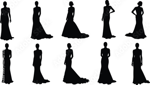 Elegant women silhouette collection in long flowing dresses, various poses and angles, black vector icons for fashion, bridal, and evening wear illustration.