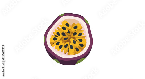 Vibrant passion fruit slice illustration showcasing a tropical delight with unique pattern details adding a fresh exotic flair isolated against white