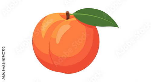Vibrant peach illustration featuring a fresh green leaf, evoking a sense of summery sweetness and natural simplicity that captures the essence of