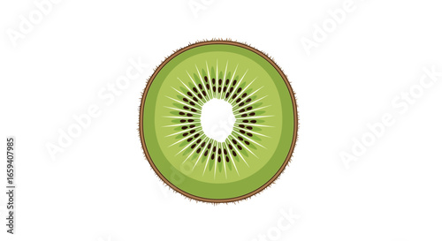 Vibrant kiwi slice showcasing its juicy green flesh and symmetrical seed arrangement against plain backdrop