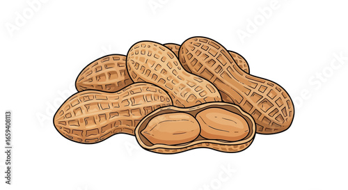 Hand-drawn illustration of peanuts in their shells, one cracked open revealing the nuts inside showcasing the texture and detail in a minimalist style