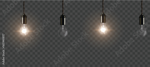 Four vintage Edison filament light bulbs hanging from cords isolated on a white background