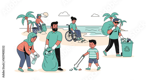 Community Beach Cleanup Illustration: Diverse Group Volunteers Removing Waste and Preserving Coastal Beauty, Showcasing Environmental Responsibility